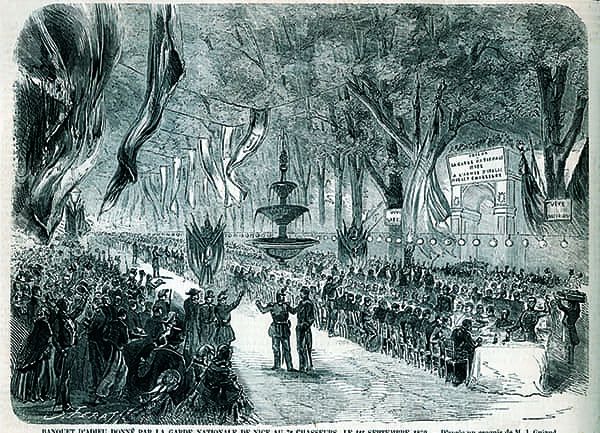 Titre : Banquet d’adieux donné par la garde nationale de Nice au 7e Chasseurs, le 1er septembre 1859.- Jacques Guiaud
