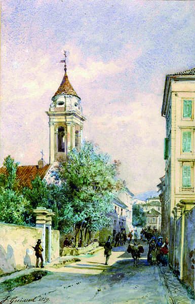 Titre : Nice, l’église Saint-Pierre d’Arène, rue de France, 1849.- Jacques Guiaud