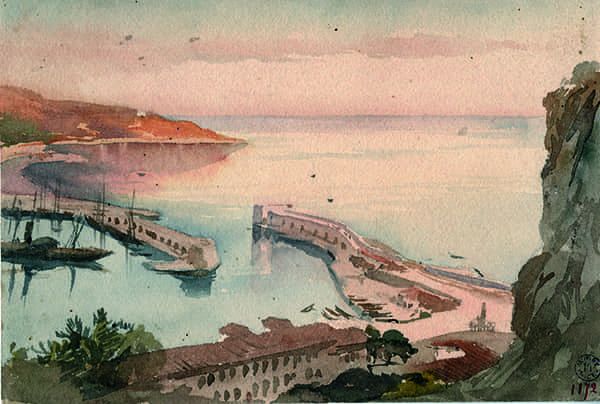 Titre : L’entrée du port de Nice depuis la colline du Château.- Jacques Guiaud