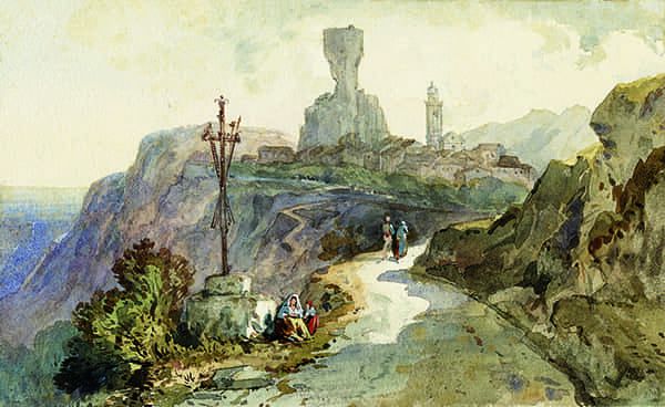 Titre : Vue de La Turbie depuis la route de la corniche.- Jacques Guiaud